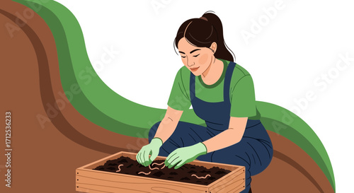 Gardener Working In The Soil With Worms, Harvesting And Sustainable Living Vector Graphic