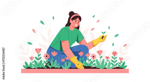 Gardening, Joyful Woman Planting Flowers, Nurturing, Blooming, Smiling, Springtime