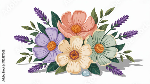 Beautiful floral arrangement with pastel flowers and lavender sprigs for wedding invitation design and decor art
