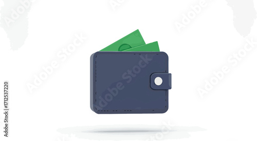 A navy blue wallet with green bills sticking out against a clean white background.