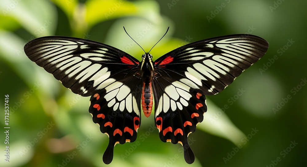 Fototapeta premium Closeup of a Red Spotted Butterfly on a Leaf.