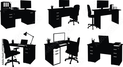Collection of modern office desk silhouettes, workspace with computer, ergonomic chair, laptop, monitor, stationery, organized home office furniture vector illustration