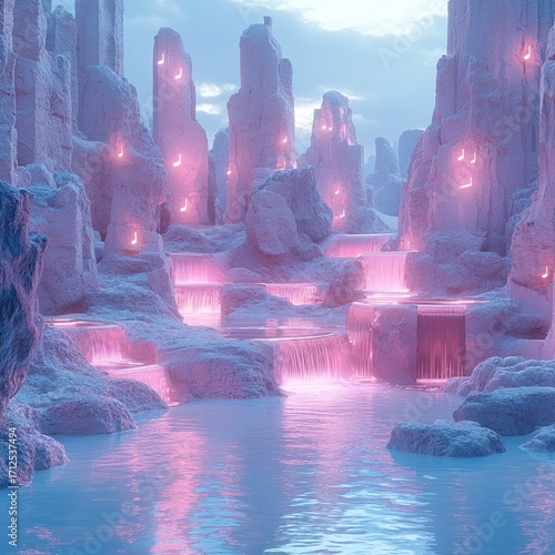 Glowing Waterfalls and Musical Notes Flowing Down Rock Formations