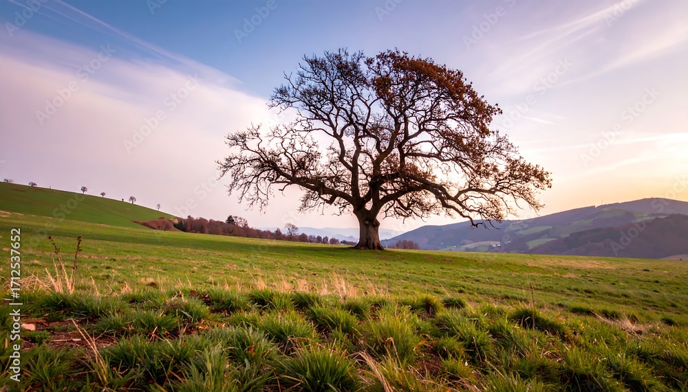Obraz premium Lonely tree on a grassy hill at sunset
