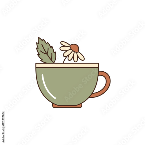 Aromatic Herbal Tea with Chamomile and Mint in a Green Cup.