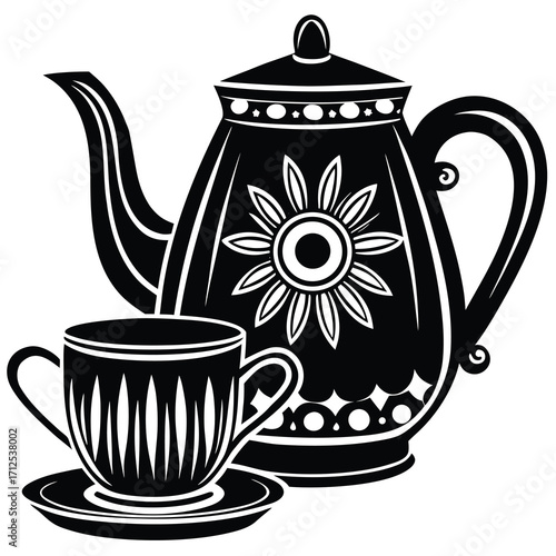 Stylish vector set of a teapot and cup with vibrant color options for design projects
