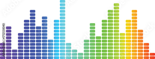 Colorful equalizer sound wave illustration with rainbow gradient bars, abstract digital music spectrum background, modern audio graphic design for technology and entertainment themes.
