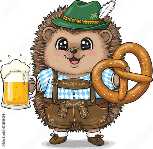 Cute cartoon hedgehog celebrating Oktoberfest, wearing Bavarian traditional outfit, holding beer mug and pretzel, funny festive mascot character illustration