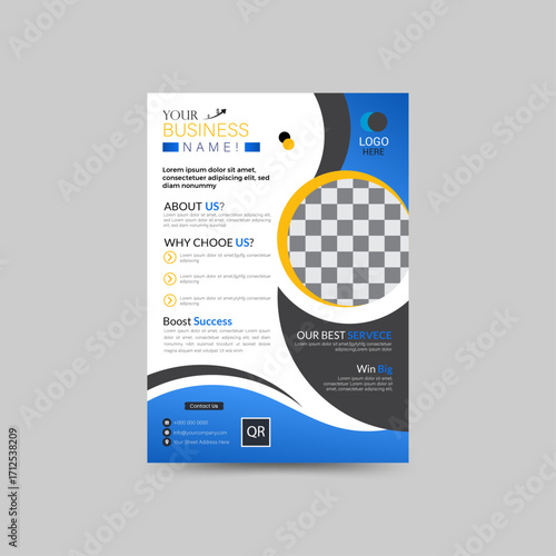 Creative professional A4 Size flyer Template vector design, Modern Corporate Business flyer design template, Yellow/Gold, Blue, Black/Dark Gray color design, Easy to use