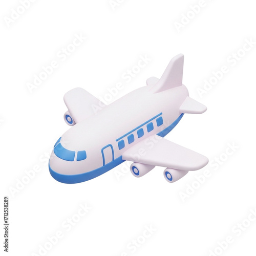 Isometric 3D pastel white air cargo plane with blue cargo door markings in toy like smooth rounded style isolated on white