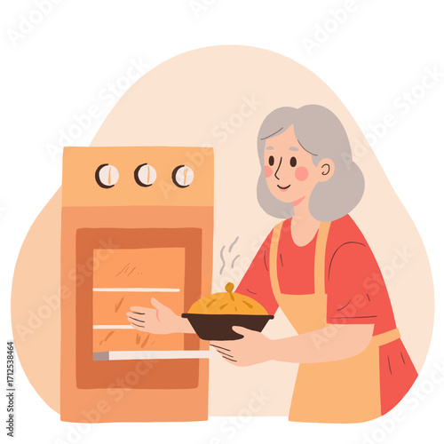 Elderly woman baking pie. Senior lady making homemade apple pie. Older woman preparing fresh pie dough. Retired woman smiling in kitchen. Elderly set