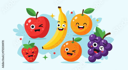 Cartoon Fruits with Expressive Faces - Apple, Banana, Orange, Grapes, Strawberry.