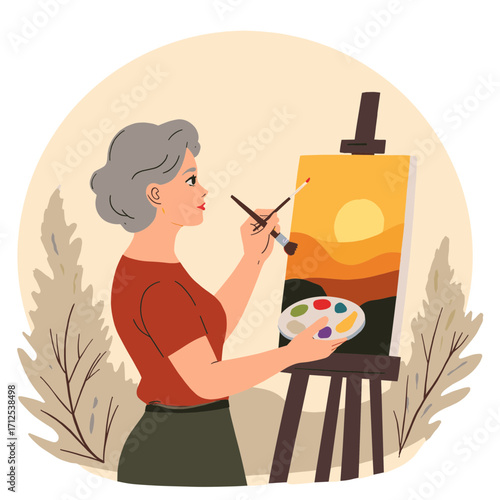 Retired woman painting canvas. Senior lady creating art with brush. Older woman painting picture in studio. Elderly woman doing acrylic painting. Elderly set
