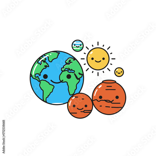 Cartoon Solar System with Smiling Earth, Sun, and Planets.
