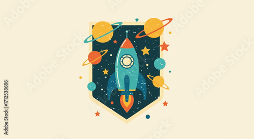Cartoon Rocket Ship Soaring Through Space with Planets and Stars.