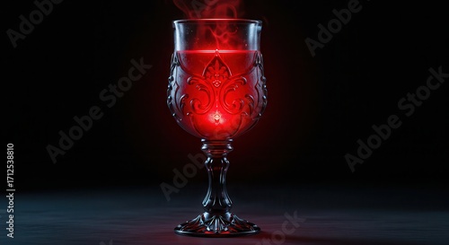 A dramatic antique goblet filled with a vibrant crimson liquid, illuminated by an eerie inner glow, stands in stark contrast against a deep black background.
