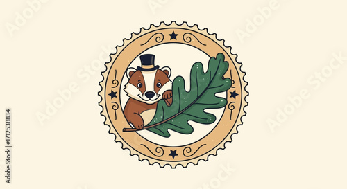 Charming Badger with Top Hat and Oak Leaf Illustration.