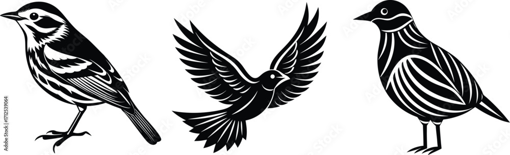 Obraz premium Black Vintage Birds Set – Hand-drawn Bird Silhouettes Vector Collection 