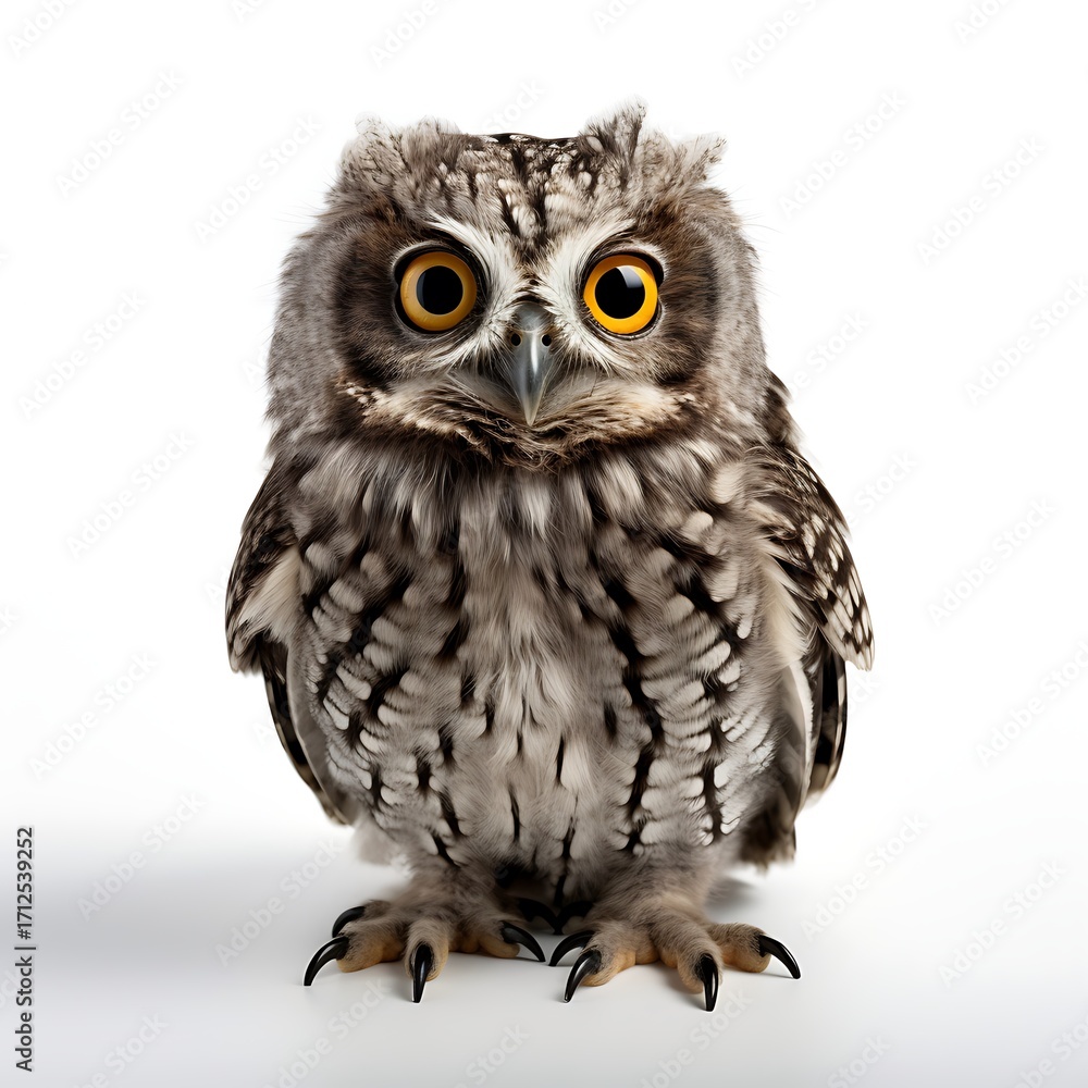 Fototapeta premium Wise Gaze: A captivating portrait of a young owl, its large, expressive eyes and fluffy feathers fill the frame, as it sits perched, exuding an air of quiet wisdom and curiosity.