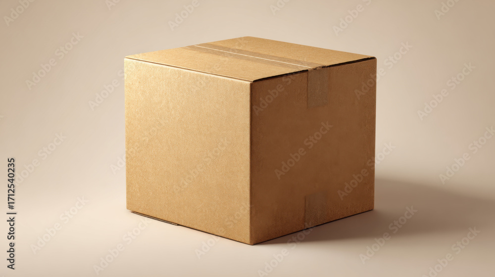 Fototapeta premium Brown cardboard box closed neutral background kraft paper isolated single package shipping storage delivery square cube