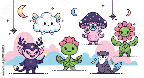 Collection of Whimsical Cartoon Creatures with Fantasy Elements and Playful Designs.