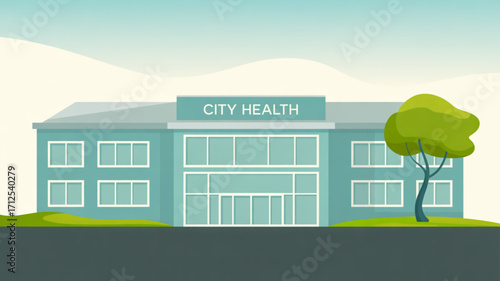 City health clinic building illustration with tree and sky for medical healthcare service and community wellness