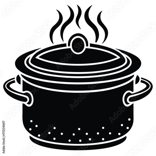 Stylized cooking pot with rising steam representing hot food preparation and culinary themes