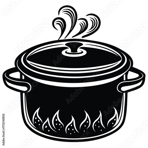 Stylized vector illustration of a steaming cooking pot perfect for culinary themes and kitchen designs