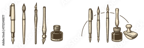 Collection of artistic tools including fountain pens, calligraphy brushes, ink bottles, and a rubber stamp for creative work