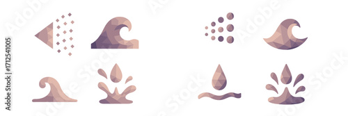 Collection of abstract geometric water elements featuring low poly waves, drops, and splashes in a modern digital style