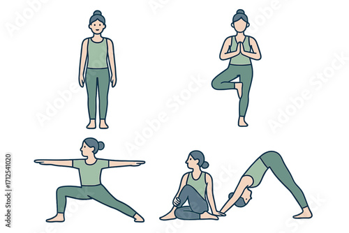 Woman demonstrating various yoga poses for physical exercise, mental well-being, flexibility, and mindfulness practice