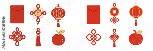 Auspicious Chinese New Year traditional symbols set including red envelopes, lanterns, lucky knots, and oranges