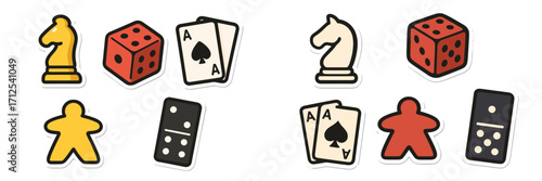 Collection of classic board game and card game pieces including chess knights, dice, playing cards, meeples, and dominoes