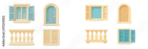 Collection of pastel architectural elements featuring windows with shutters, doors, and classic balconies