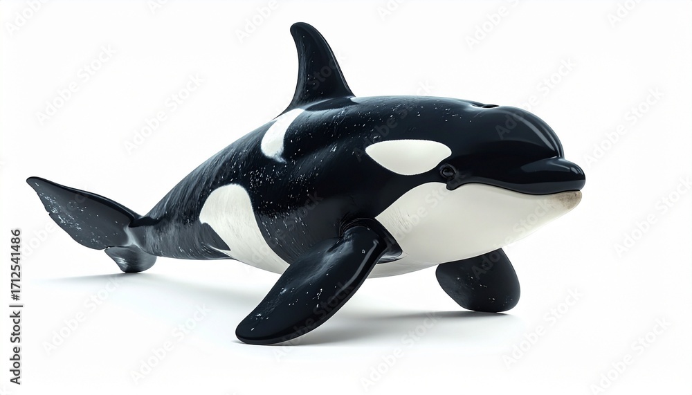 Fototapeta premium A realistic orca model with glossy black and white markings rests on a smooth surface—its detailed fins and proportions evoke marine majesty, symbolic depth, and the rhythm of oceanic grace.