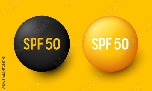 SPF 50 label. Vector round icon isolated on orange background.