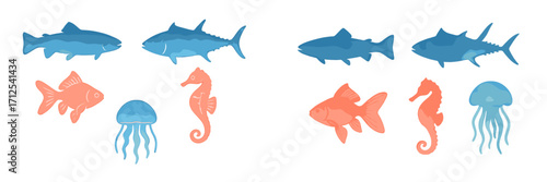 Stylized marine animals in a vibrant watercolor texture featuring various fish, seahorses, and jellyfish