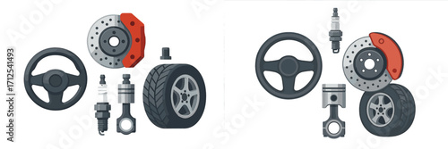 Automotive spare parts collection featuring steering wheel, brake disc, tire, spark plug, and piston components