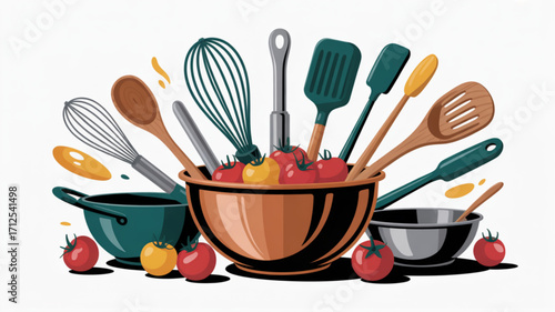 Kitchen utensils cooking tools and fresh tomatoes in a bowl for food preparation and culinary arts design
