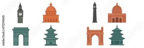 Iconic global architecture and historical sites featuring famous buildings and monuments from diverse cultures