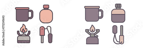 Essential camping and outdoor cooking equipment set, featuring durable mugs, canteens, and portable stoves for wilderness adventures and travel