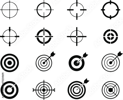 Precision Aiming Target Crosshair Icon Set for Accurate Shooting and Navigation in Black and White