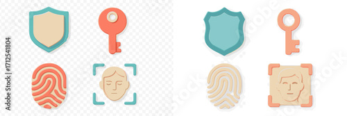 Modern digital security and access icons set featuring shield, key, fingerprint, and face recognition symbols