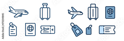 Global travel and tourism elements including airplane luggage passport boarding pass and luggage tag