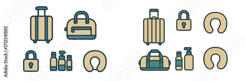 Essential travel luggage and accessories including suitcases, duffel bags, padlocks, and personal care items for journeys