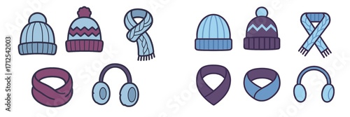 Assortment of cozy winter hats, knitted scarves, and warm earmuffs for cold weather fashion and protection