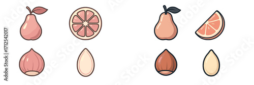 A colorful assortment of fresh healthy food items, including a ripe pear, a juicy grapefruit slice, and various nutritious seeds, arranged on a clean background