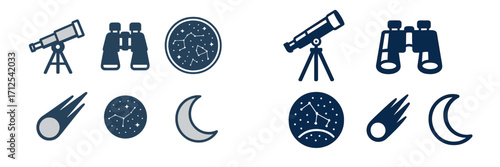 Set of astronomical observation equipment and celestial elements including telescope, binoculars, constellations, moon, and comet