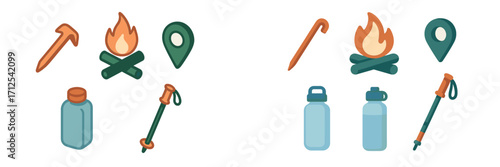 Collection of outdoor adventure and camping equipment icons including campfire, water bottle, and hiking stick