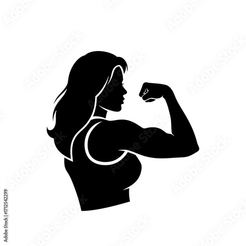 Strong woman flexing bicep in silhouette style isolated on white background